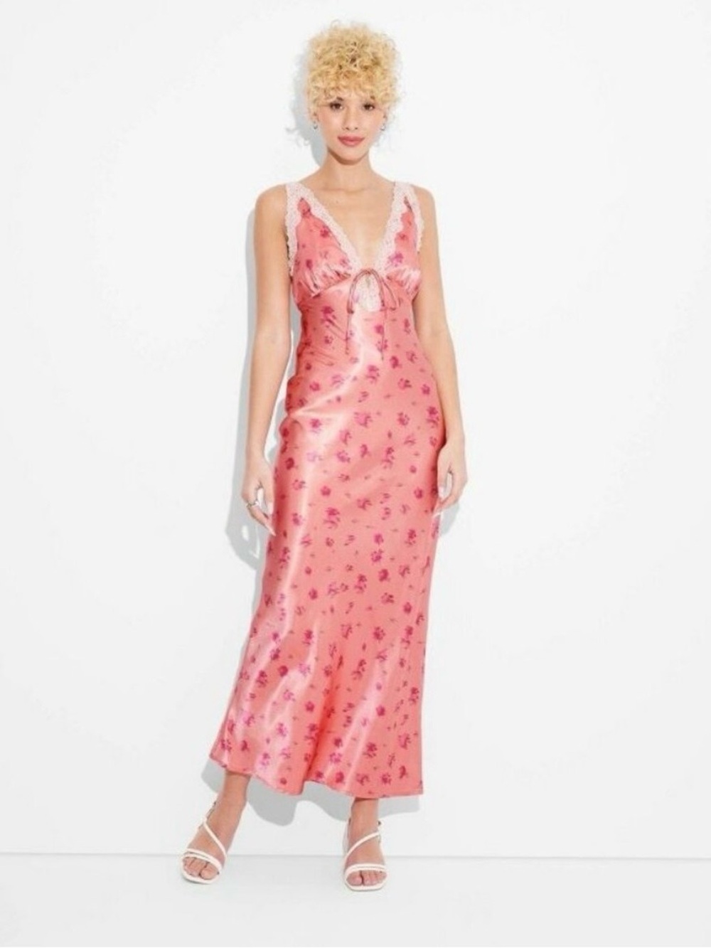 Wild Fable Pink Satin Floral Slip with Lace Trim